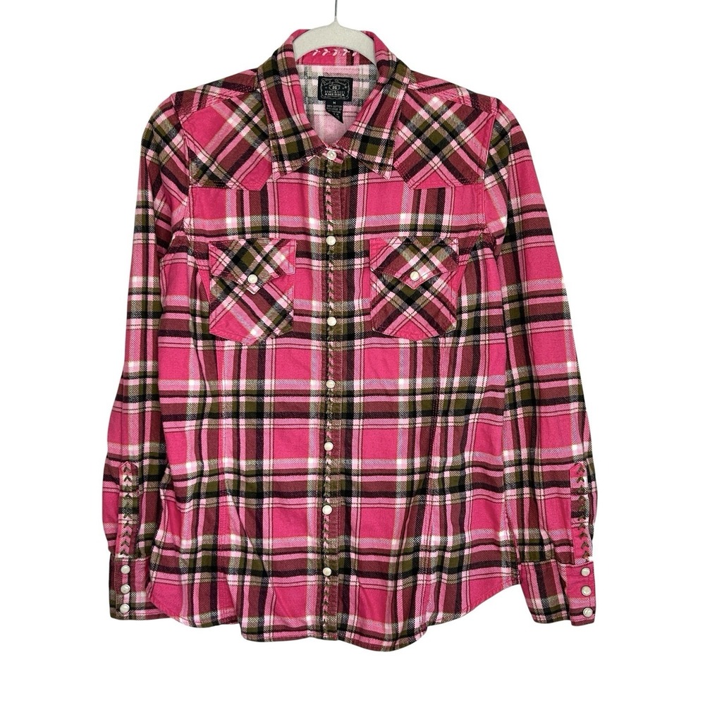VTG Lucky Brand Plaid Y2k Western Shirt Medium Indie Festival Pearl Snap Flannel